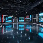 Modern broadcast studio with large LED video walls and reflective floor