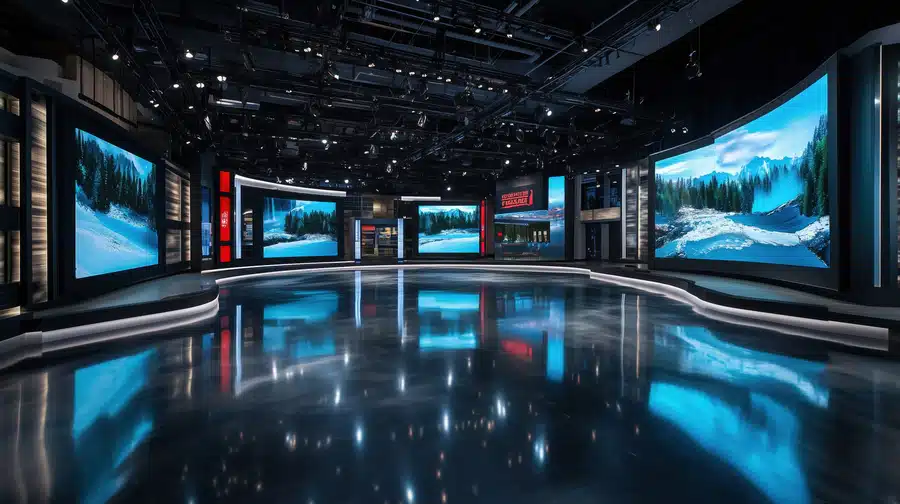 Modern broadcast studio with large LED video walls and reflective floor