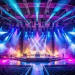 Concert stage lighting rig with coloured beams and smoke effects in an arena