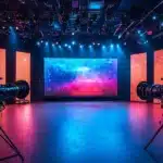 Virtual production studio with two cameras and an LED wall backdrop.