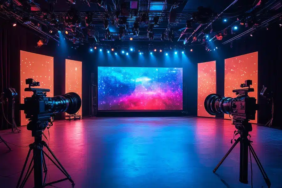 Virtual production studio with two cameras and an LED wall backdrop.