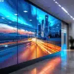 Large indoor LED video wall displaying a cityscape in a modern lobby
