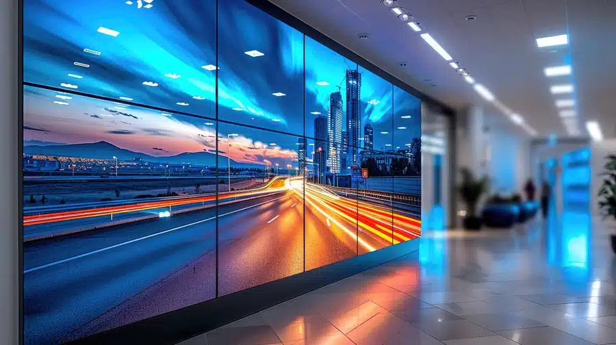 Large indoor LED video wall displaying a cityscape in a modern lobby