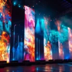 Event stage with tall vertical LED screen panels displaying colourful abstract visuals