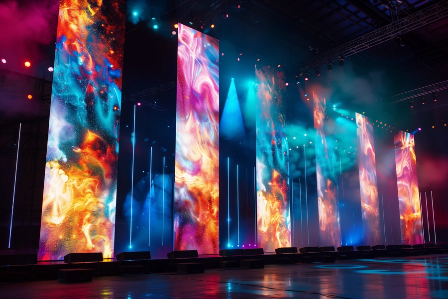 Event stage with tall vertical LED screen panels displaying colourful abstract visuals