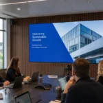 Business team viewing a presentation on a large LED video wall in a modern corporate boardroom