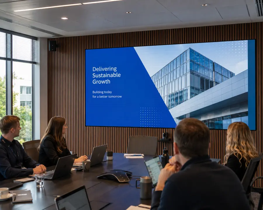 Business team viewing a presentation on a large LED video wall in a modern corporate boardroom