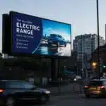 Large outdoor LED advertising billboard displaying a digital vehicle advert beside a busy city road in the UK