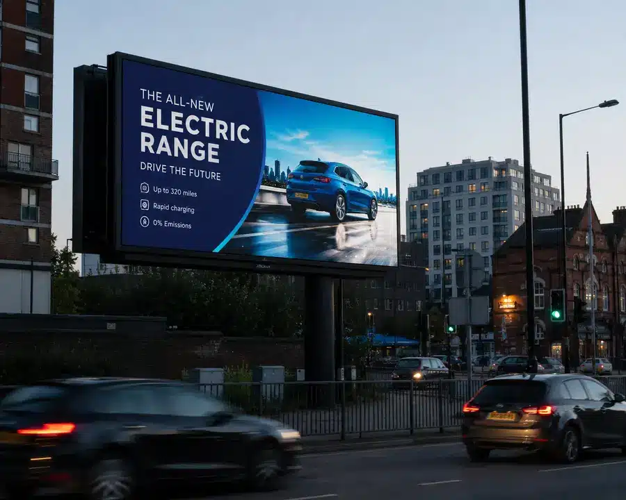 Large outdoor LED advertising billboard displaying a digital vehicle advert beside a busy city road in the UK